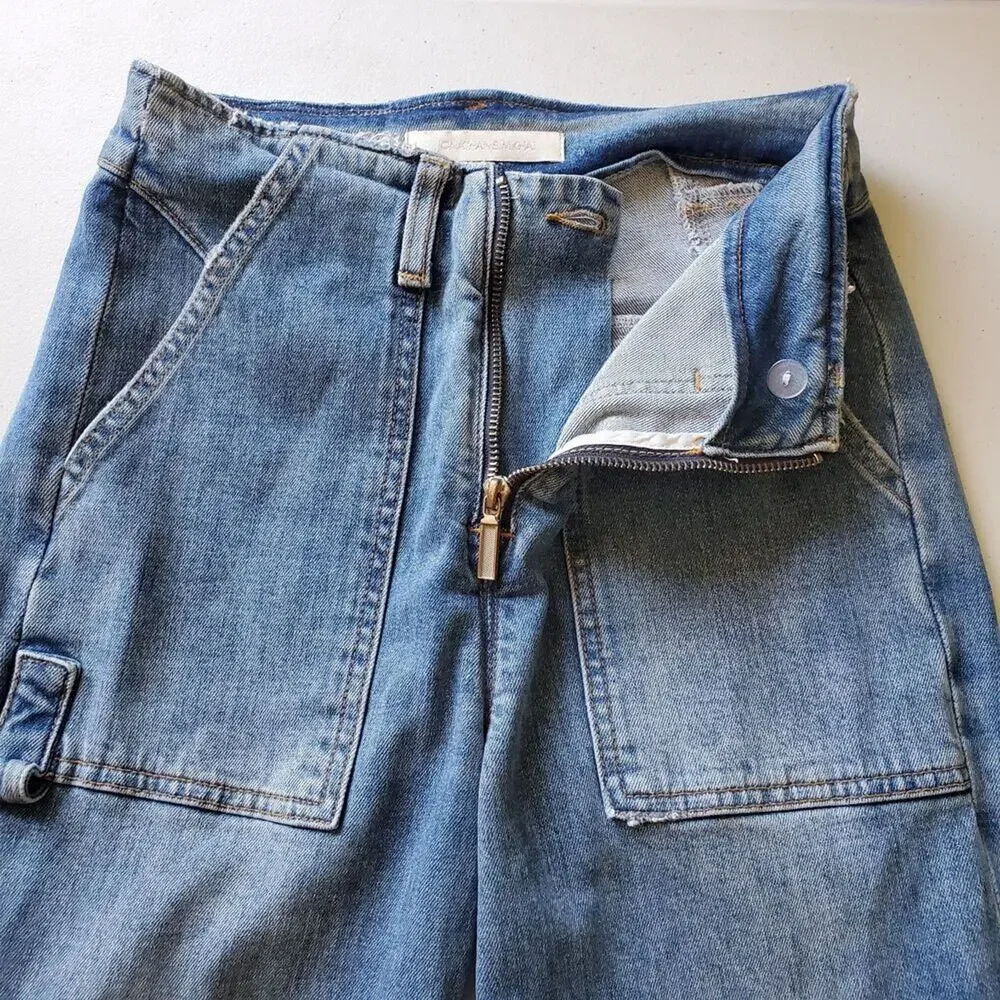 Jonathan Simkhai Payton Denim Cargo Jeans Mid Rise Straight Leg Zipper‎ Hem